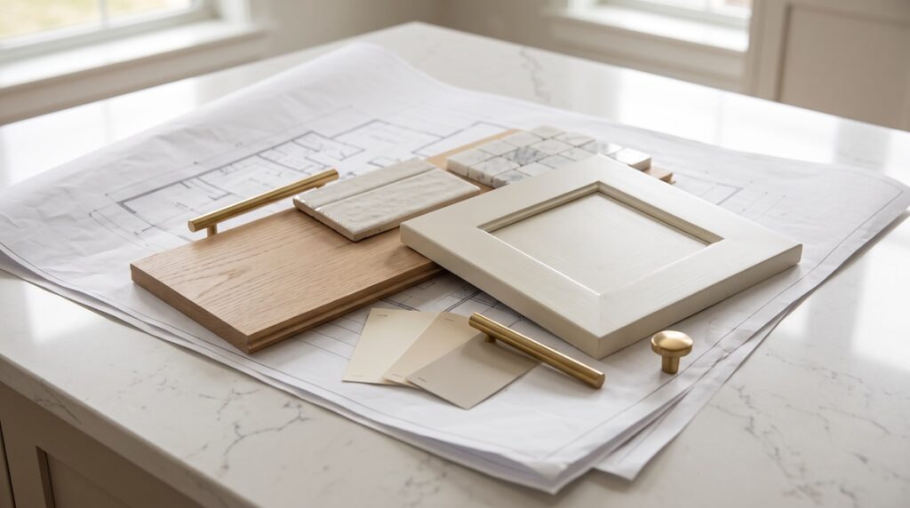 a coordinated renovation material board laid out on a quartz kitchen island
