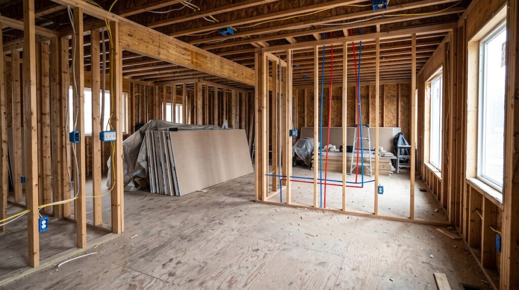 a home interior mid-renovation before drywall
