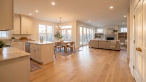 a freshly renovated first floor in a two-story Southern suburban home