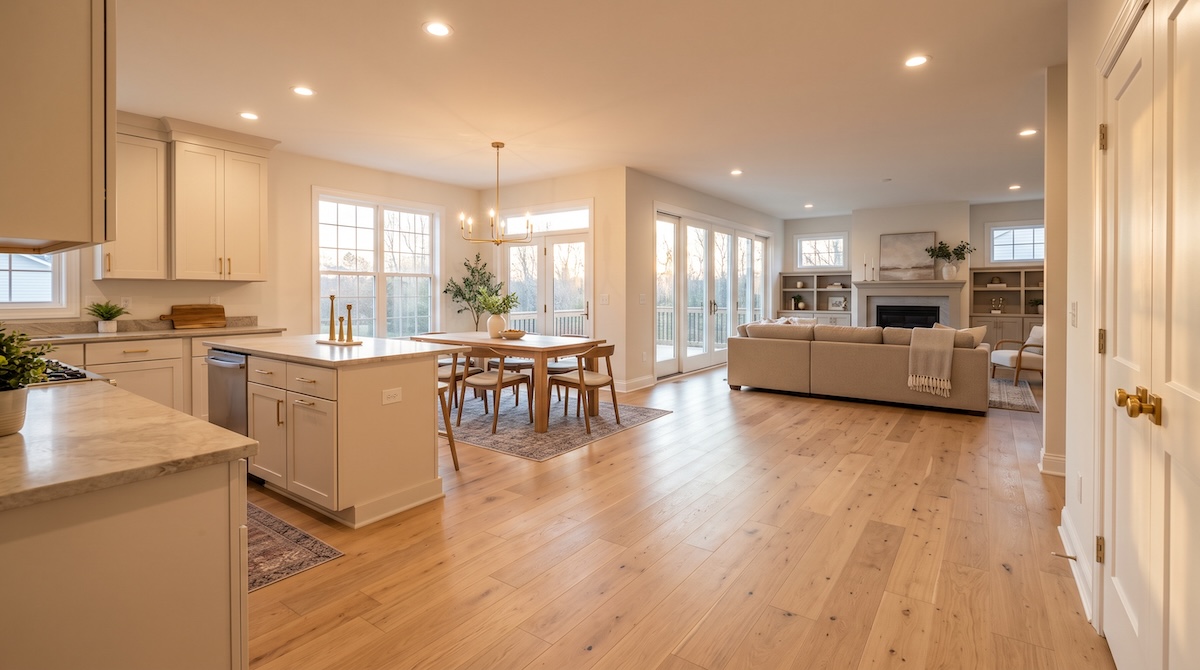 a freshly renovated first floor in a two-story Southern suburban home