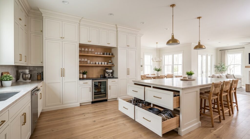a kitchen in an open floor plan featuring a floor-to-ceiling pantry wall of painted cabinetry