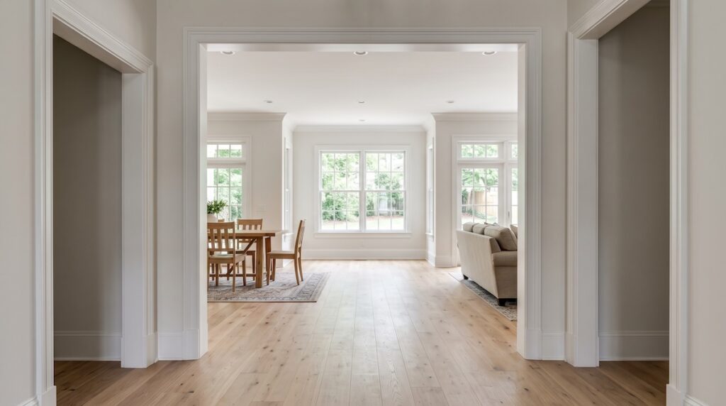 an original home's hallway through a wide cased opening into a new addition