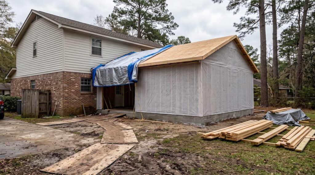 a home addition under construction attached to the back of an existing suburban house