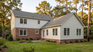 the rear of a Southern brick-and-siding family home with a newly completed single-story addition