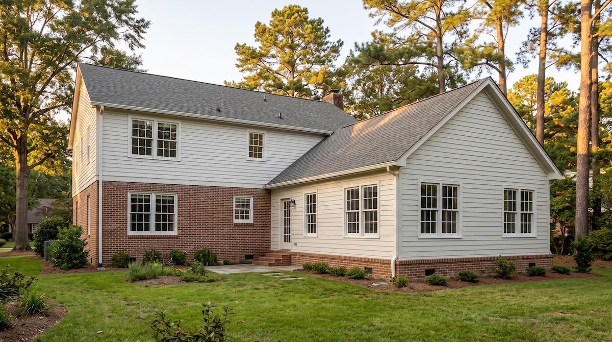 the rear of a Southern brick-and-siding family home with a newly completed single-story addition