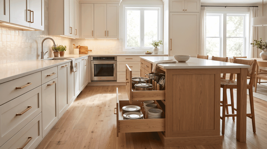 a thoughtfully designed kitchen with deep pull-out base drawers open to reveal neatly organized pots and dishes