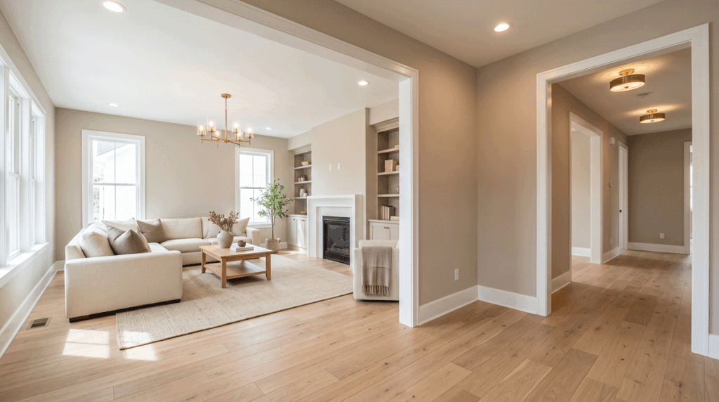 a bright living room flowing into a hallway